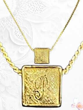 Vintage Initial P Square Pendant Necklace Gold Tone 918